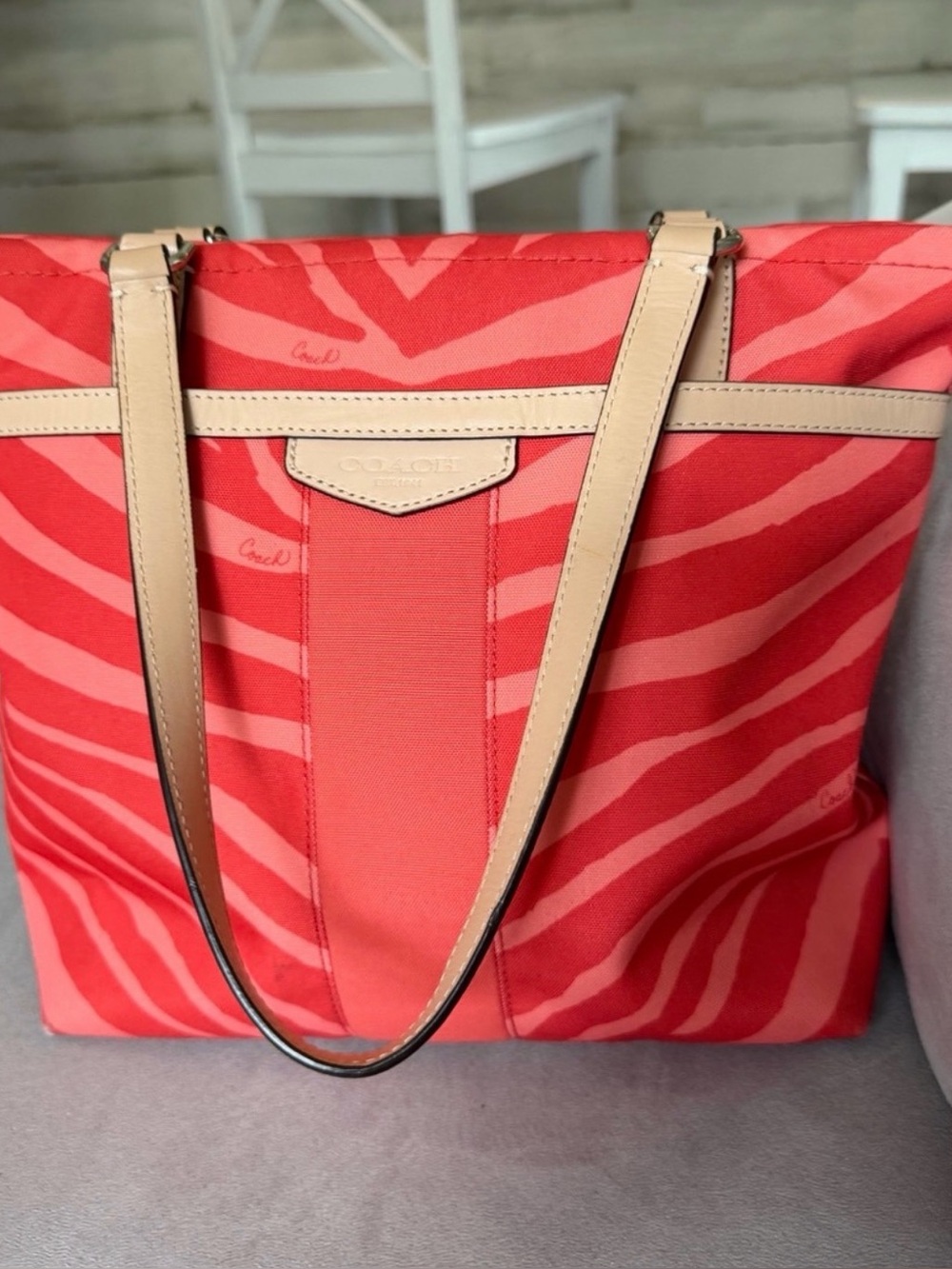 Coach Coral Zebra-Print Tote Bag with Tan Straps